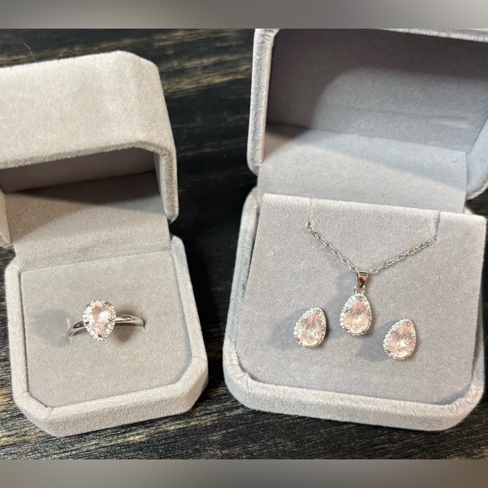 Set!!  Natural Rose Quartz Ring, Earring, Pendant Necklace 925 Sterling Silver-7